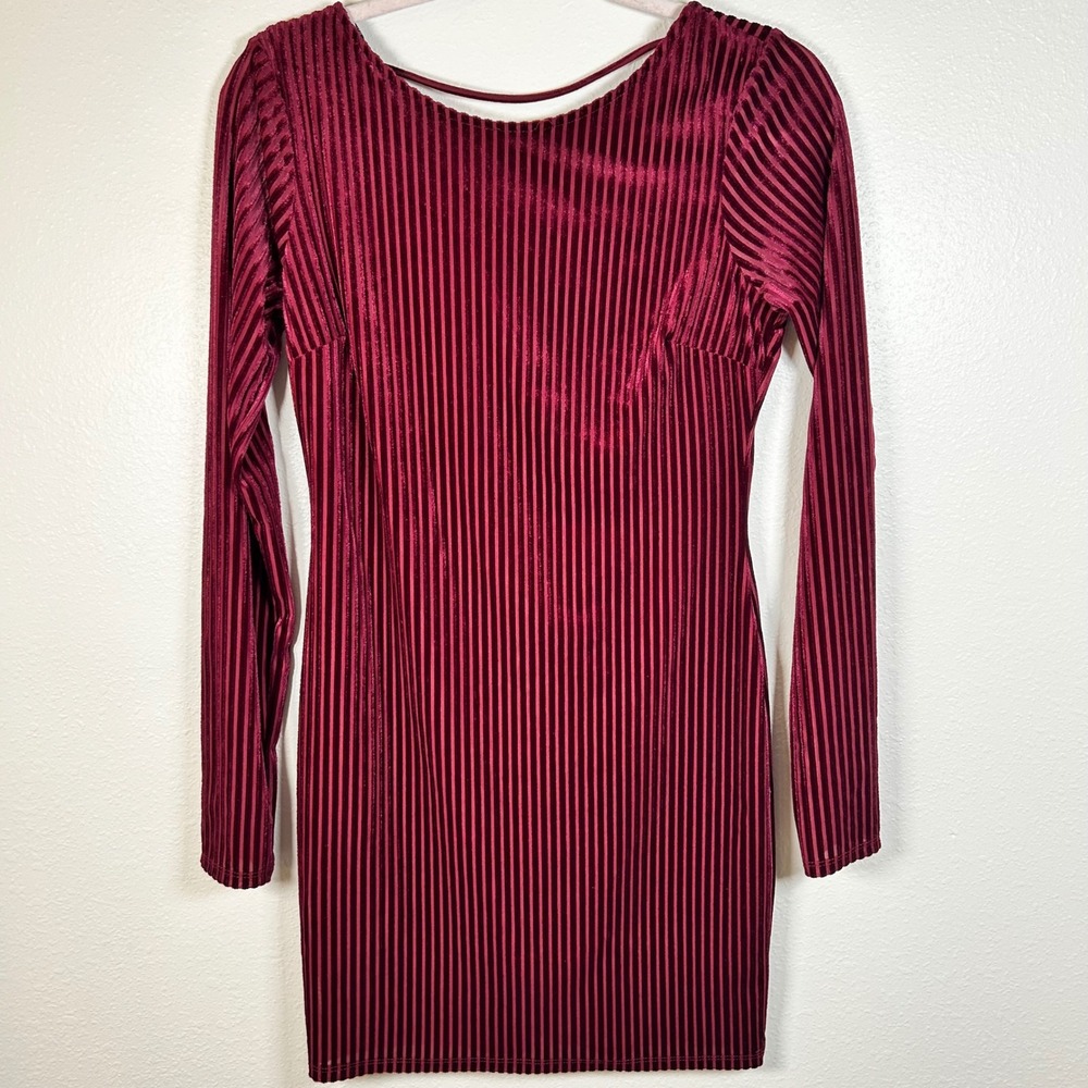 Forever 21 Burgundy Ribbed Velvet Dress Mini Bodycon Long Sleeve Women's Medium